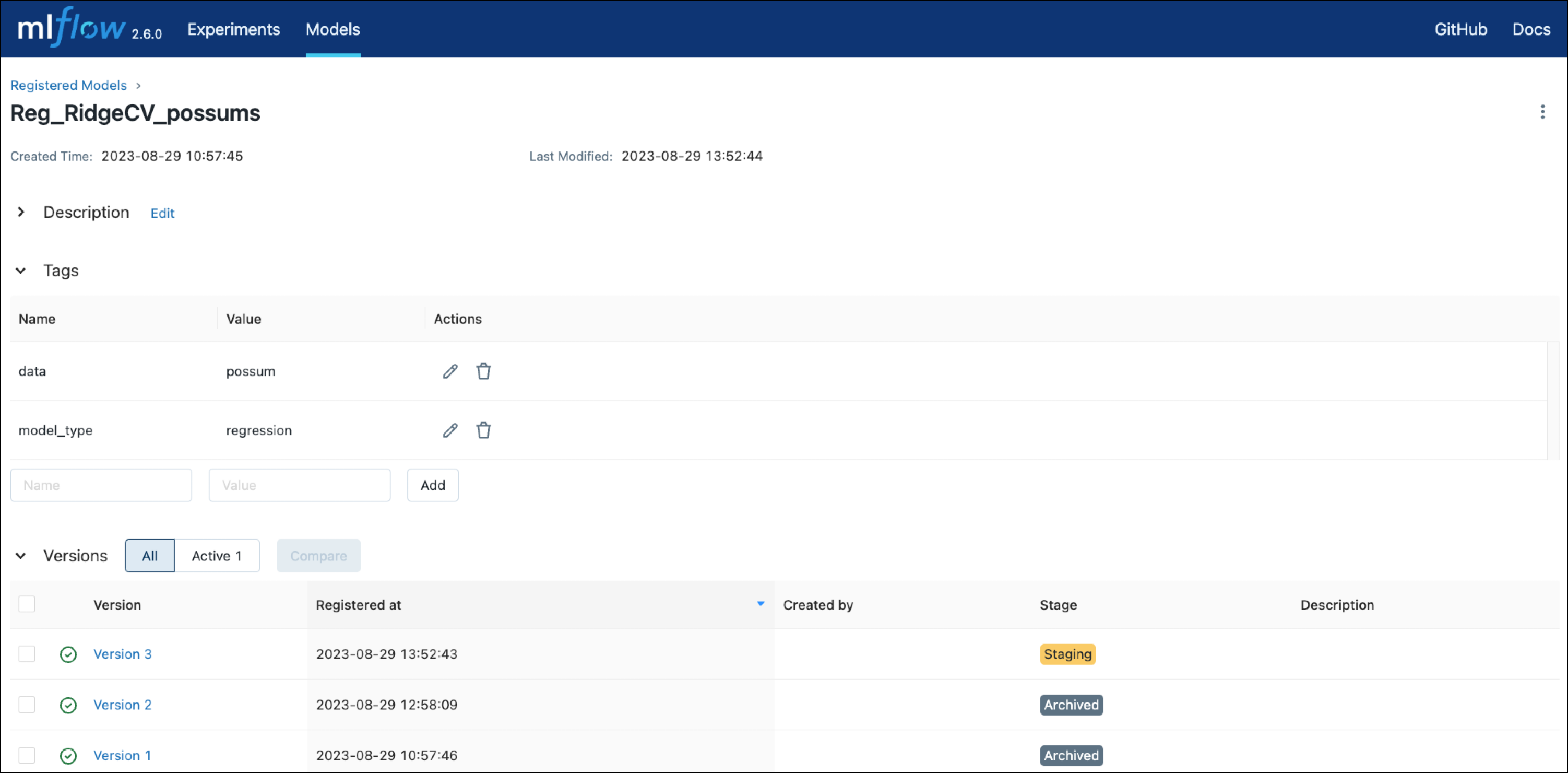 Models tab of the MLflow UI showing that the registered RidgeCV model has 3 Versions with the latest being in the Staging Stage.