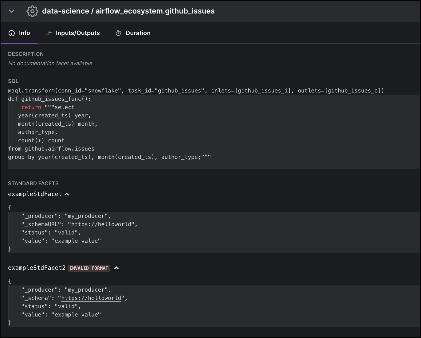 Example OpenLineage facet page in the Astro UI